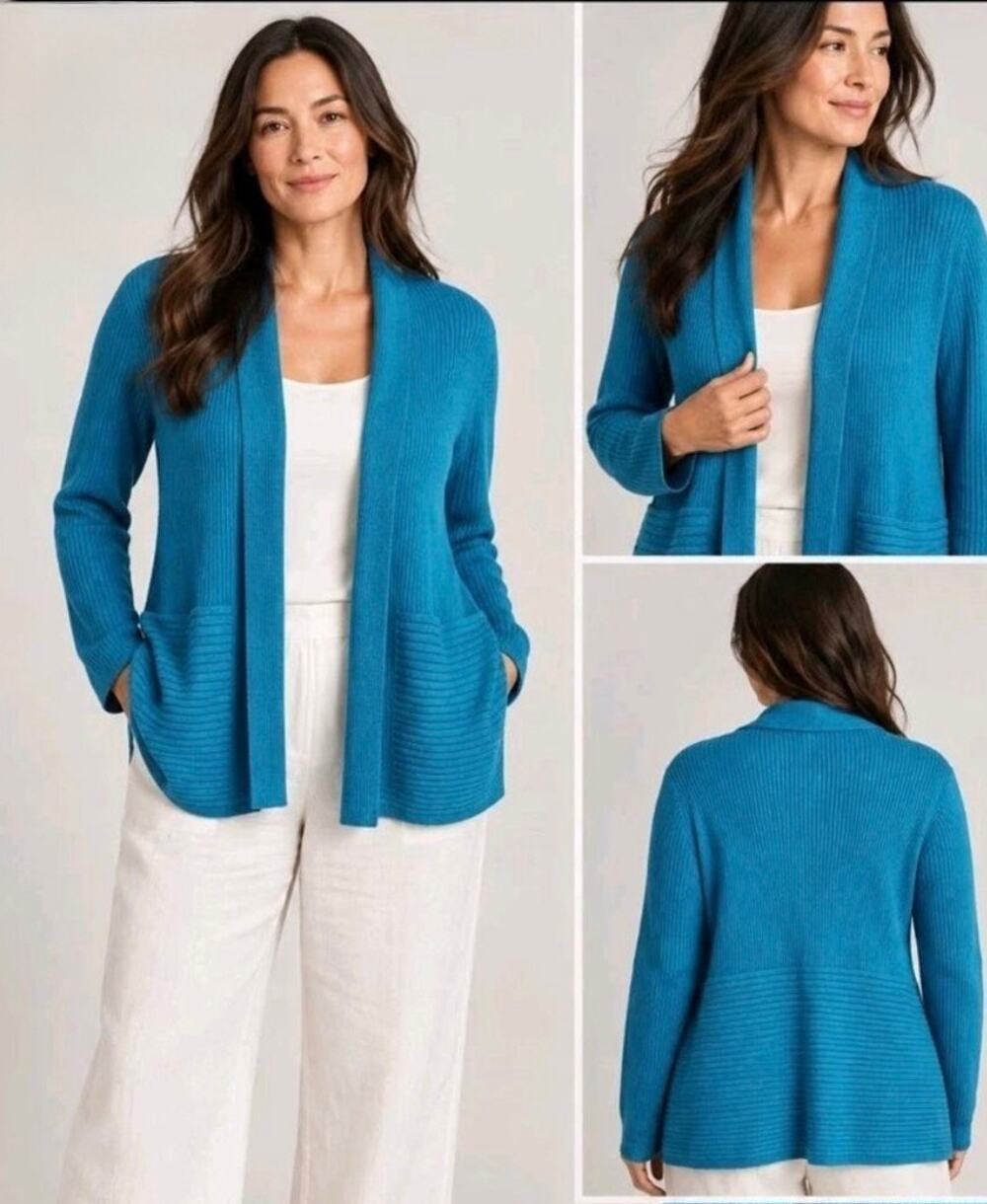 Eileen Fisher Blue Organic Cotton Ribbed Cardigan Sweater XS Petite Open Front